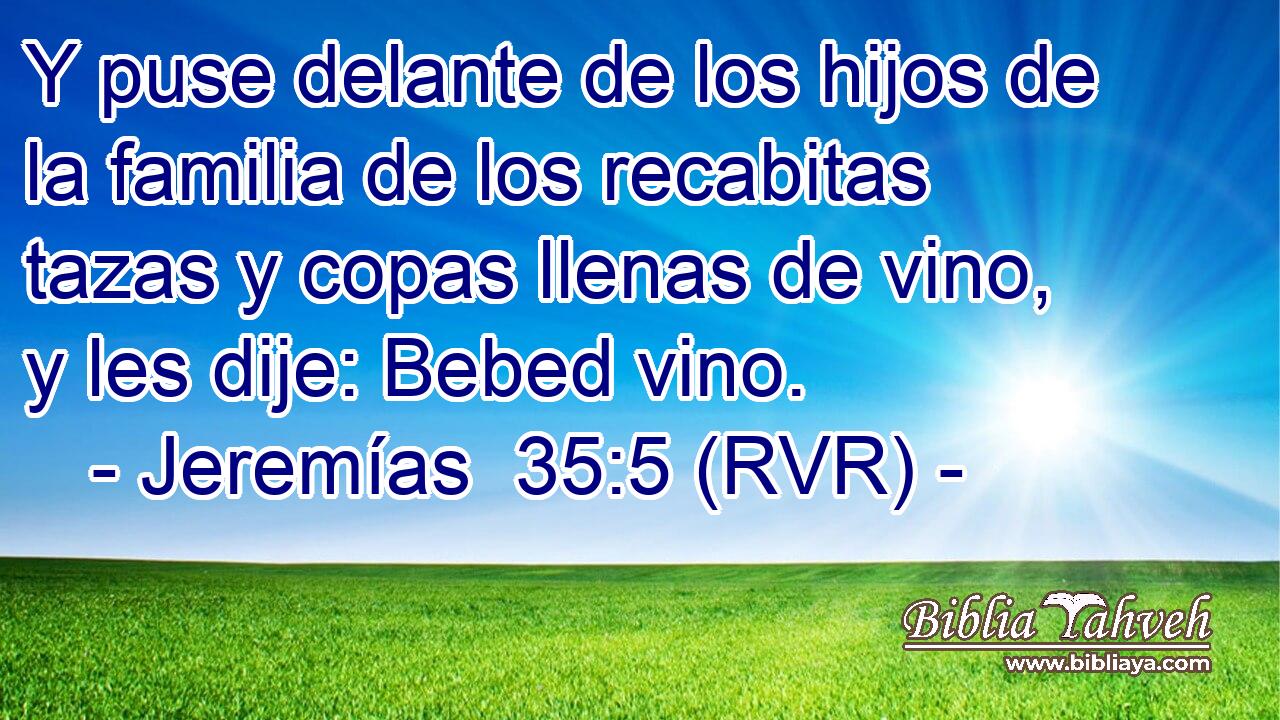 Y puse delante de los hijos de la familia de los recabitas tazas y copas llenas de vino, y les dije: Bebed vino.