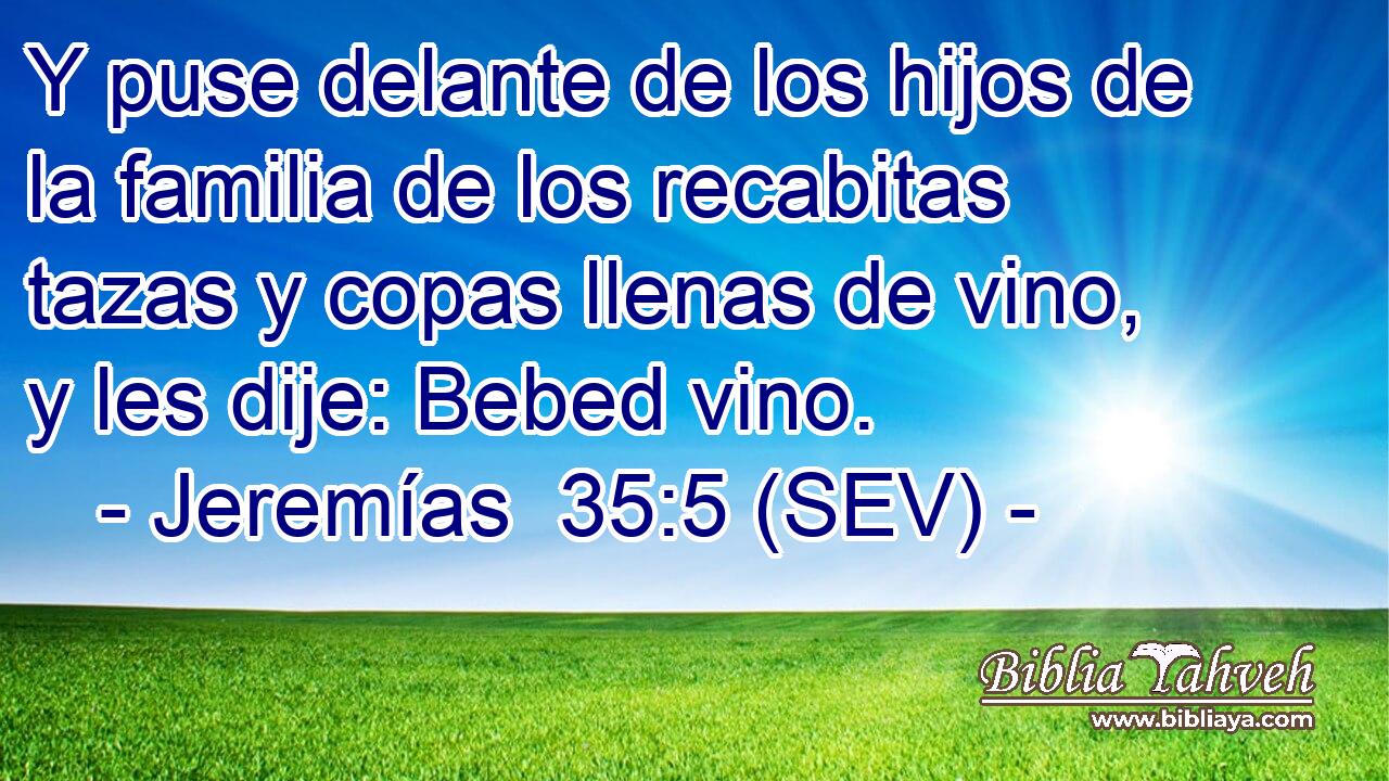 Y puse delante de los hijos de la familia de los recabitas tazas y copas llenas de vino, y les dije: Bebed vino.