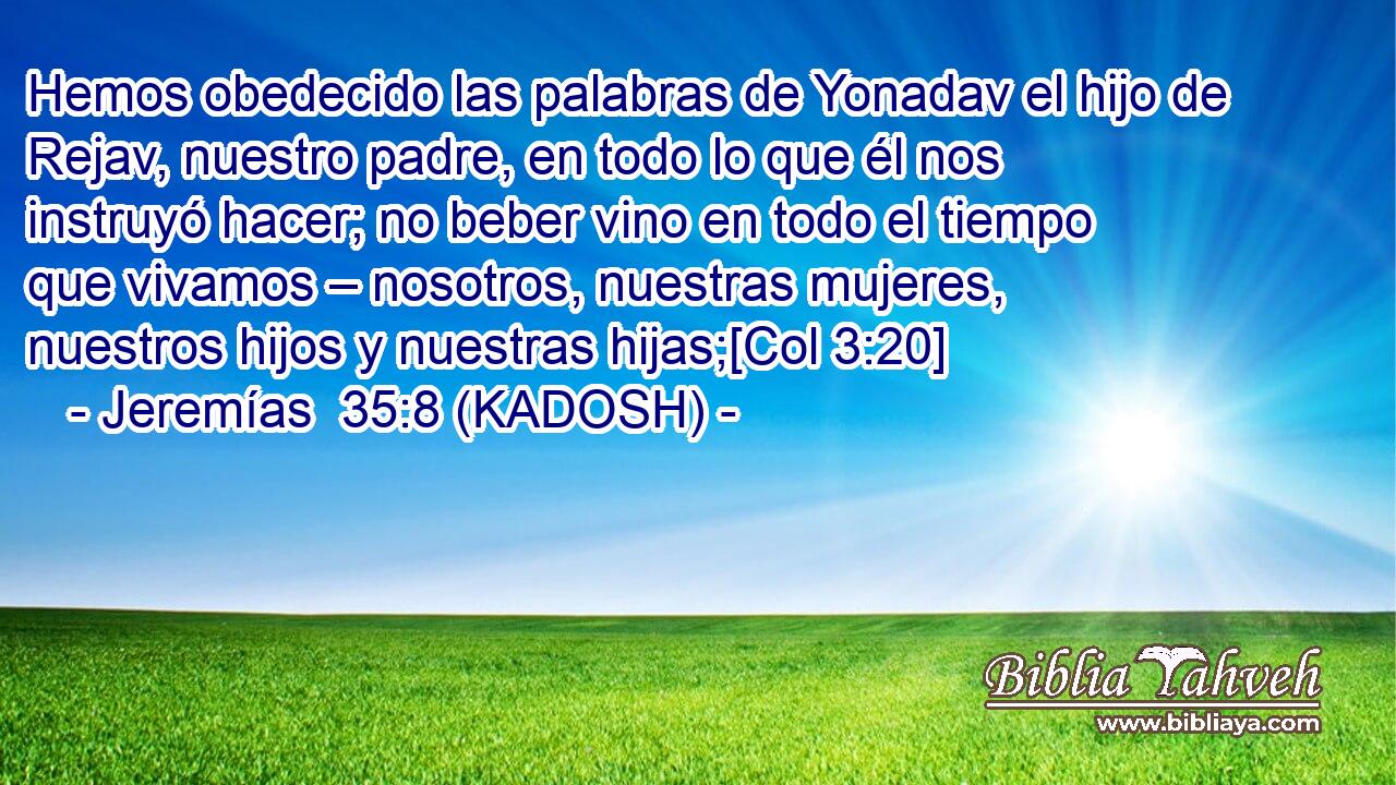  Hemos obedecido las palabras de Yonadav el hijo de Rejav, nuestro padre, en todo lo que él nos instruyó hacer; no beber vino en todo el tiempo que vivamos – nosotros, nuestras mujeres, nuestros hijos y nuestras hijas;[Col 3:20] 