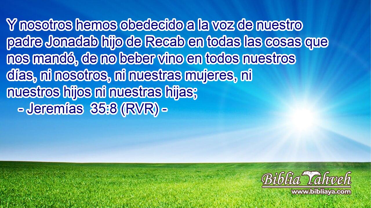 Y nosotros hemos obedecido a la voz de nuestro padre Jonadab hijo de Recab en todas las cosas que nos mandó, de no beber vino en todos nuestros días, ni nosotros, ni nuestras mujeres, ni nuestros hijos ni nuestras hijas;