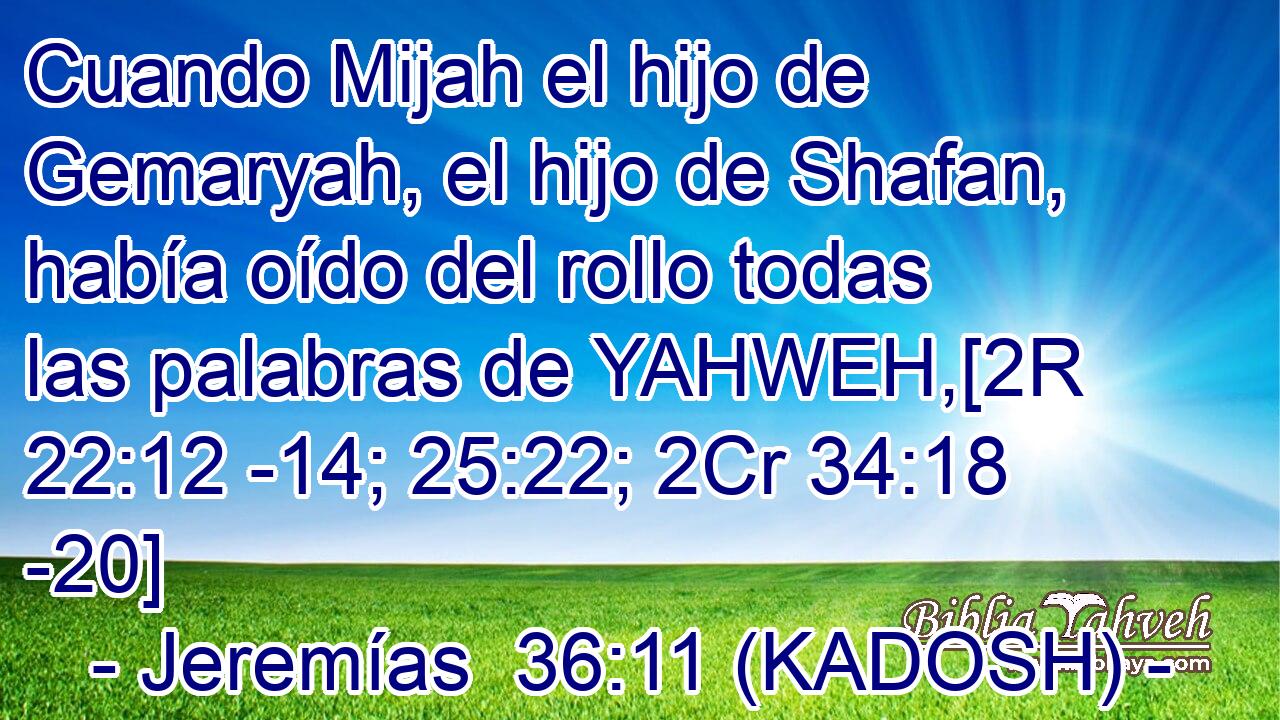  Cuando Mijah el hijo de Gemaryah, el hijo de Shafan, había oído del rollo todas las palabras de YAHWEH,[2R 22:12 -14; 25:22; 2Cr 34:18 -20] 