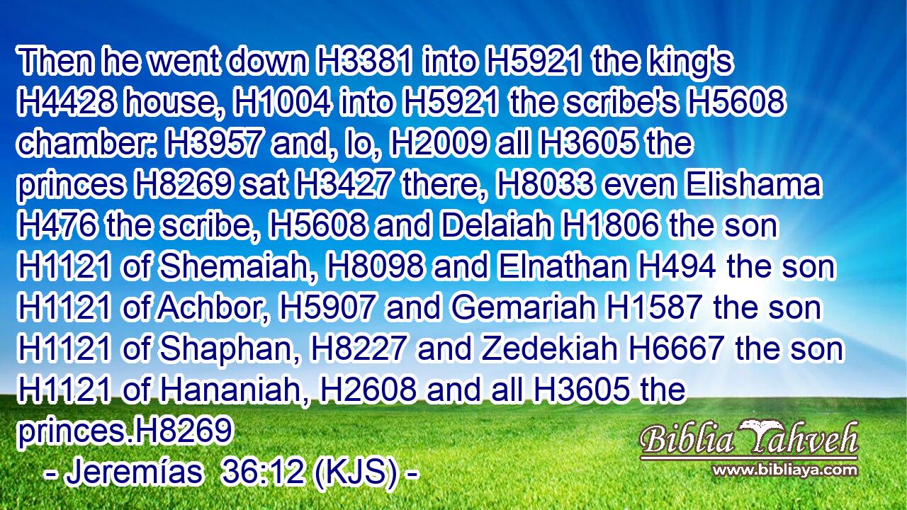 Then he went down H3381 into H5921 the king's H4428 house, H1004 into H5921 the scribe's H5608 chamber: H3957 and, lo, H2009 all H3605 the princes H8269 sat H3427 there, H8033 even Elishama H476 the scribe, H5608 and Delaiah H1806 the son H1121 of Shemaiah, H8098 and Elnathan H494 the son H1121 of Achbor, H5907 and Gemariah H1587 the son H1121 of Shaphan, H8227 and Zedekiah H6667 the son H1121 of Hananiah, H2608 and all H3605 the princes.H8269