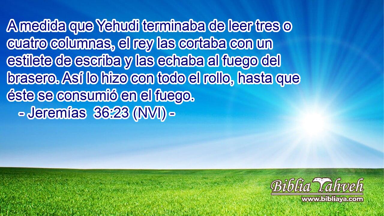  A medida que Yehudi terminaba de leer tres o cuatro columnas, el rey las cortaba con un estilete de escriba y las echaba al fuego del brasero. Así lo hizo con todo el rollo, hasta que éste se consumió en el fuego. 