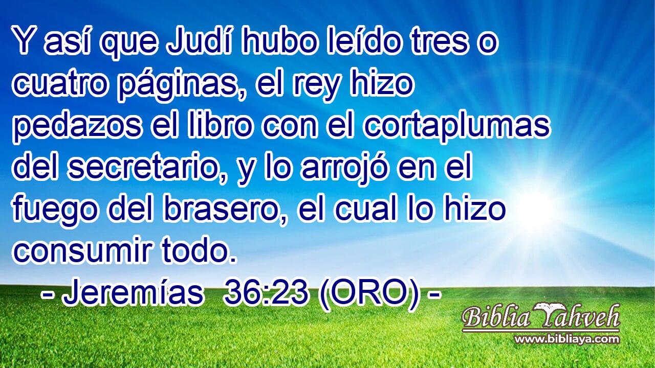  Y así que Judí hubo leído tres o cuatro páginas, el rey hizo pedazos el libro con el cortaplumas del secretario, y lo arrojó en el fuego del brasero, el cual lo hizo consumir todo. 