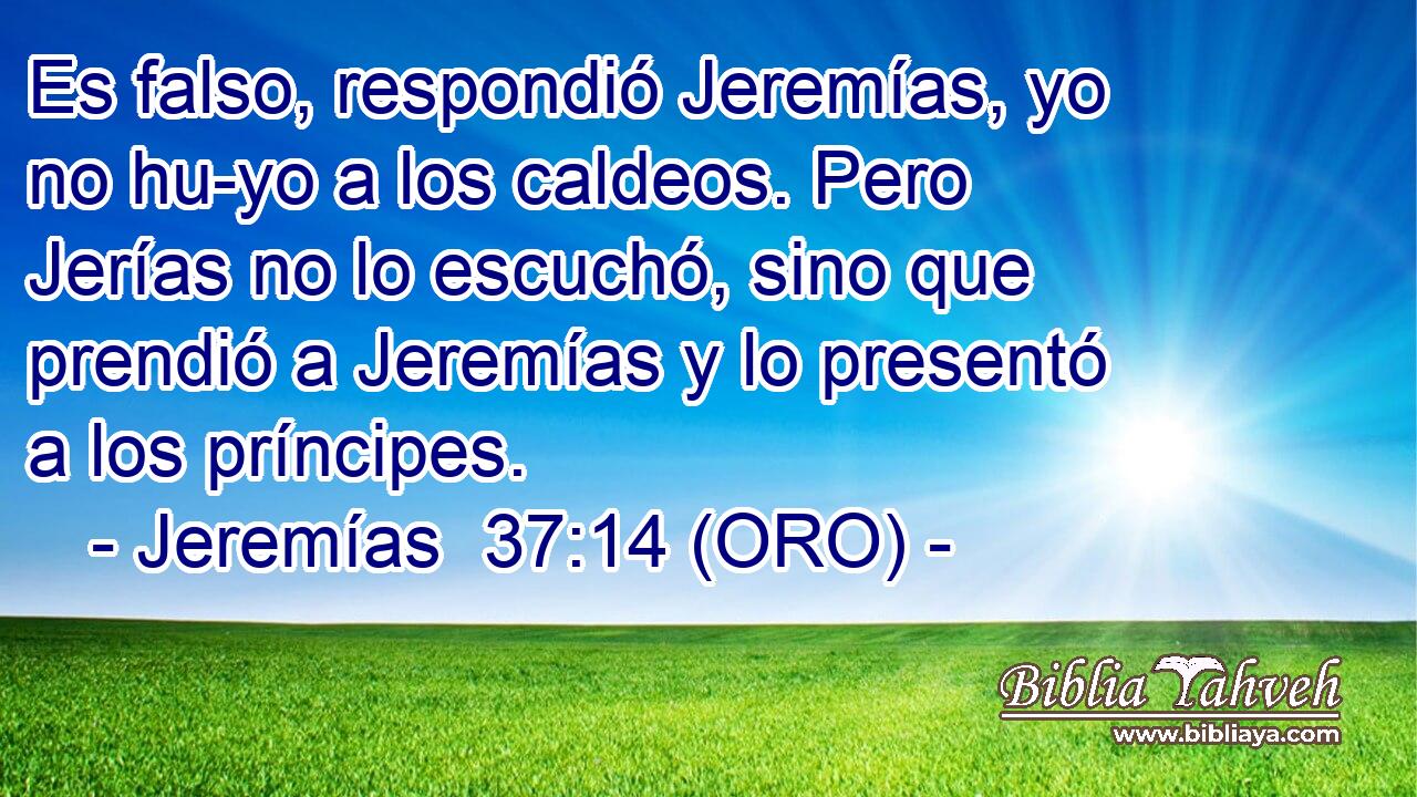  Es falso, respondió Jeremías, yo no hu-yo a los caldeos. Pero Jerías no lo escuchó, sino que prendió a Jeremías y lo presentó a los príncipes. 