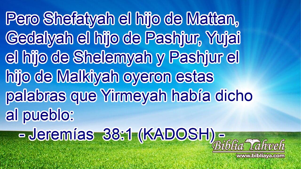  Pero Shefatyah el hijo de Mattan, Gedalyah el hijo de Pashjur, Yujai el hijo de Shelemyah y Pashjur el hijo de Malkiyah oyeron estas palabras que Yirmeyah había dicho al pueblo: 