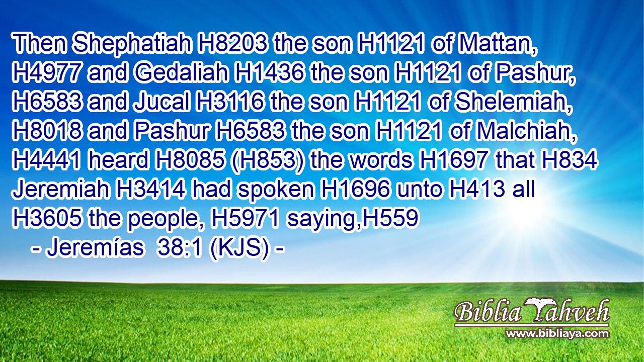 Then Shephatiah H8203 the son H1121 of Mattan, H4977 and Gedaliah H1436 the son H1121 of Pashur, H6583 and Jucal H3116 the son H1121 of Shelemiah, H8018 and Pashur H6583 the son H1121 of Malchiah, H4441 heard H8085 (H853) the words H1697 that H834 Jeremiah H3414 had spoken H1696 unto H413 all H3605 the people, H5971 saying,H559