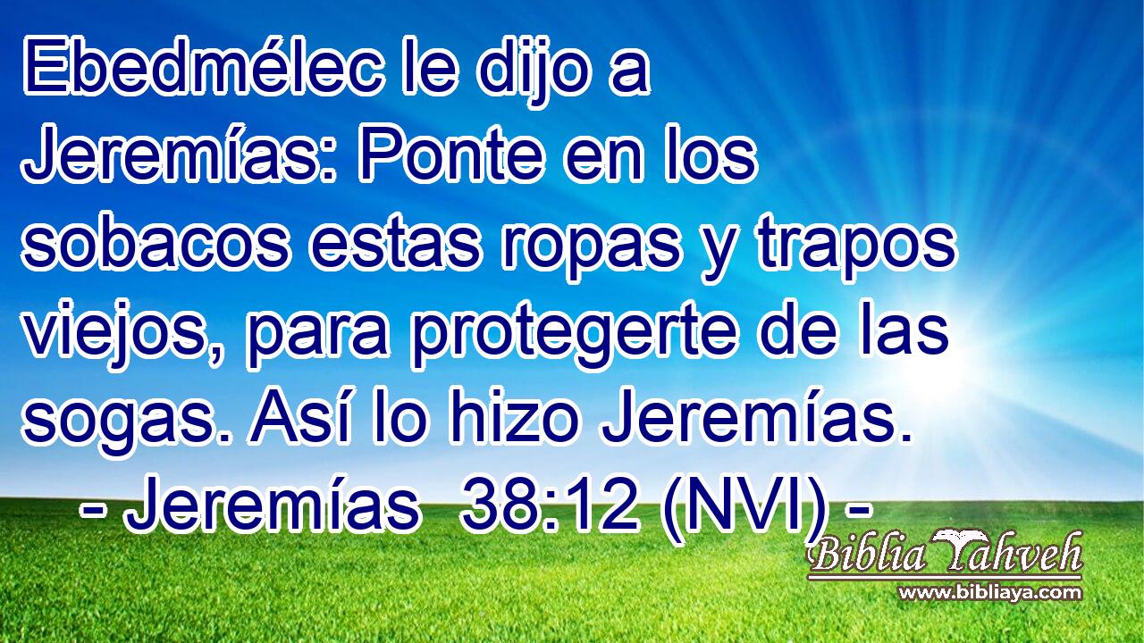  Ebedmélec le dijo a Jeremías: Ponte en los sobacos estas ropas y trapos viejos, para protegerte de las sogas. Así lo hizo Jeremías. 