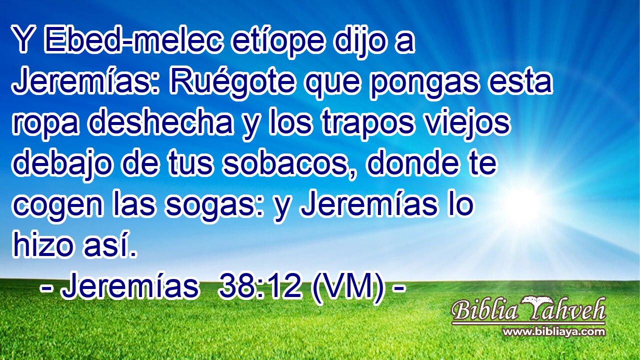  Y Ebed-melec etíope dijo a Jeremías: Ruégote que pongas esta ropa deshecha y los trapos viejos debajo de tus sobacos, donde te cogen las sogas: y Jeremías lo hizo así. 