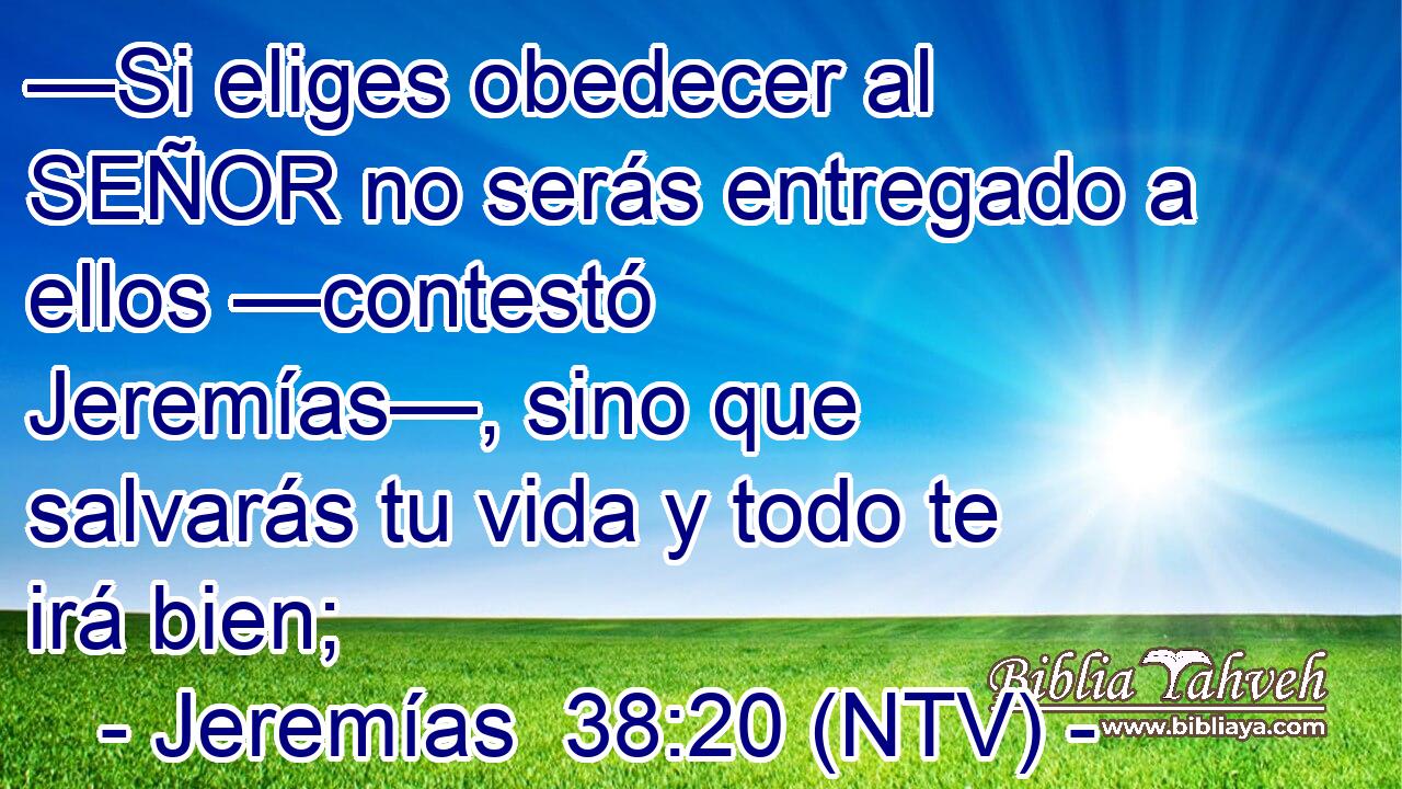 —Si eliges obedecer al SEÑOR no serás entregado a ellos —contestó Jeremías—, sino que salvarás tu vida y todo te irá bien;