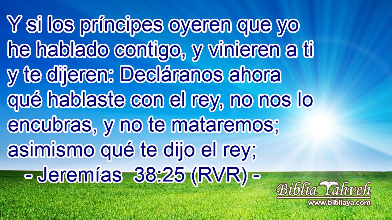 Y si los príncipes oyeren que yo he hablado contigo, y vinieren a ti y te dijeren: Decláranos ahora qué hablaste con el rey, no nos lo encubras, y no te mataremos; asimismo qué te dijo el rey;