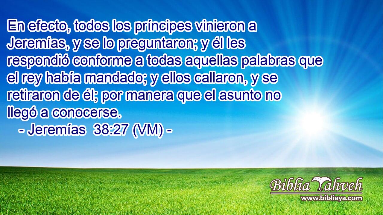  En efecto, todos los príncipes vinieron a Jeremías, y se lo preguntaron; y él les respondió conforme a todas aquellas palabras que el rey había mandado; y ellos callaron, y se retiraron de él; por manera que el asunto no llegó a conocerse. 