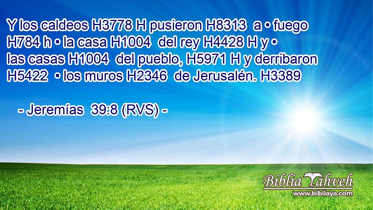 Y los caldeos H3778 H pusieron H8313  a • fuego H784 h • la casa H1004  del rey H4428 H y • las casas H1004  del pueblo, H5971 H y derribaron H5422  • los muros H2346  de Jerusalén. H3389  