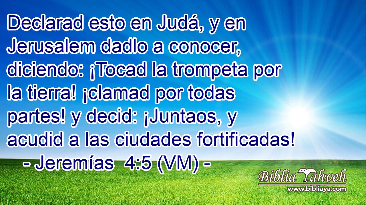  Declarad esto en Judá, y en Jerusalem dadlo a conocer, diciendo: ¡Tocad la trompeta por la tierra! ¡clamad por todas partes! y decid: ¡Juntaos, y acudid a las ciudades fortificadas! 