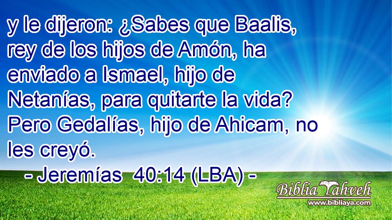 y le dijeron: ¿Sabes que Baalis, rey de los hijos de Amón, ha enviado a Ismael, hijo de Netanías, para quitarte la vida? Pero Gedalías, hijo de Ahicam, no les creyó.