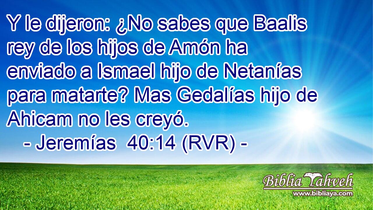 Y le dijeron: ¿No sabes que Baalis rey de los hijos de Amón ha enviado a Ismael hijo de Netanías para matarte? Mas Gedalías hijo de Ahicam no les creyó.