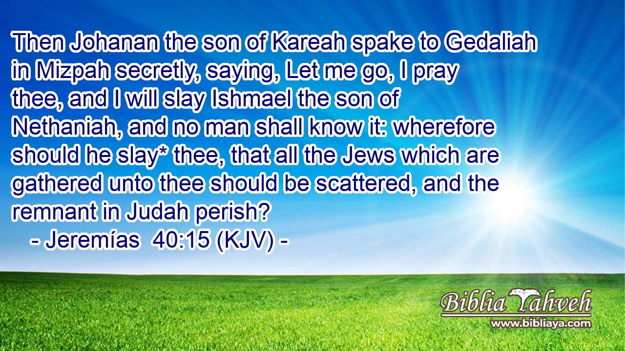 Then Johanan the son of Kareah spake to Gedaliah in Mizpah secretly, saying, Let me go, I pray thee, and I will slay Ishmael the son of Nethaniah, and no man shall know it: wherefore should he slay* thee, that all the Jews which are gathered unto thee should be scattered, and the remnant in Judah perish?