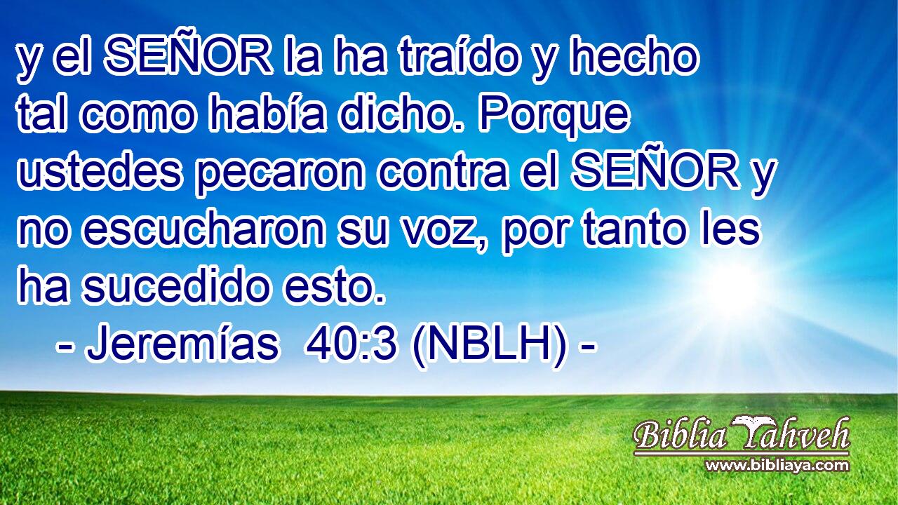  y el SEÑOR la ha traído y hecho tal como había dicho. Porque ustedes pecaron contra el SEÑOR y no escucharon su voz, por tanto les ha sucedido esto. 