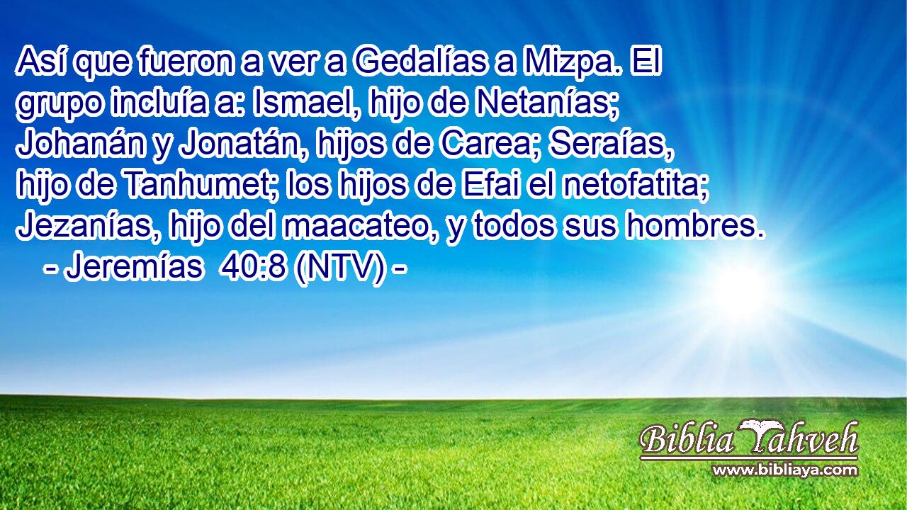 Así que fueron a ver a Gedalías a Mizpa. El grupo incluía a: Ismael, hijo de Netanías; Johanán y Jonatán, hijos de Carea; Seraías, hijo de Tanhumet; los hijos de Efai el netofatita; Jezanías, hijo del maacateo, y todos sus hombres.
