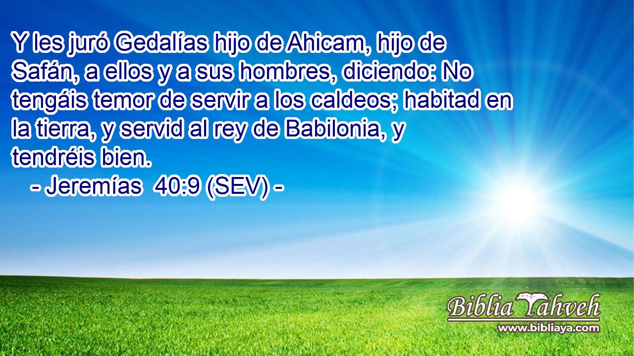 Y les juró Gedalías hijo de Ahicam, hijo de Safán, a ellos y a sus hombres, diciendo: No tengáis temor de servir a los caldeos; habitad en la tierra, y servid al rey de Babilonia, y tendréis bien.