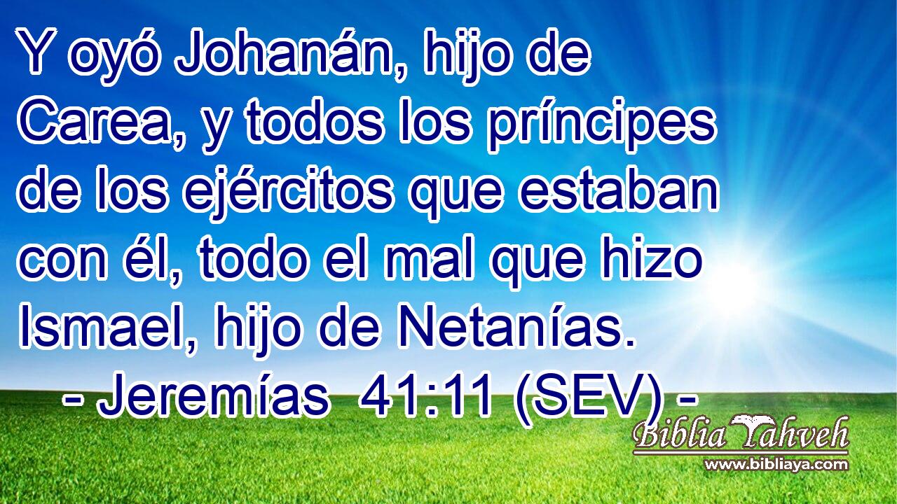 Y oyó Johanán, hijo de Carea, y todos los príncipes de los ejércitos que estaban con él, todo el mal que hizo Ismael, hijo de Netanías.