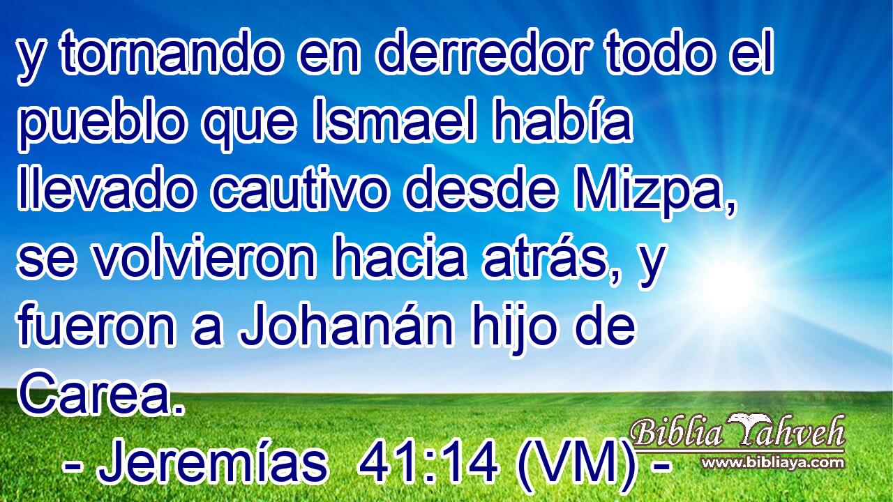  y tornando en derredor todo el pueblo que Ismael había llevado cautivo desde Mizpa, se volvieron hacia atrás, y fueron a Johanán hijo de Carea. 