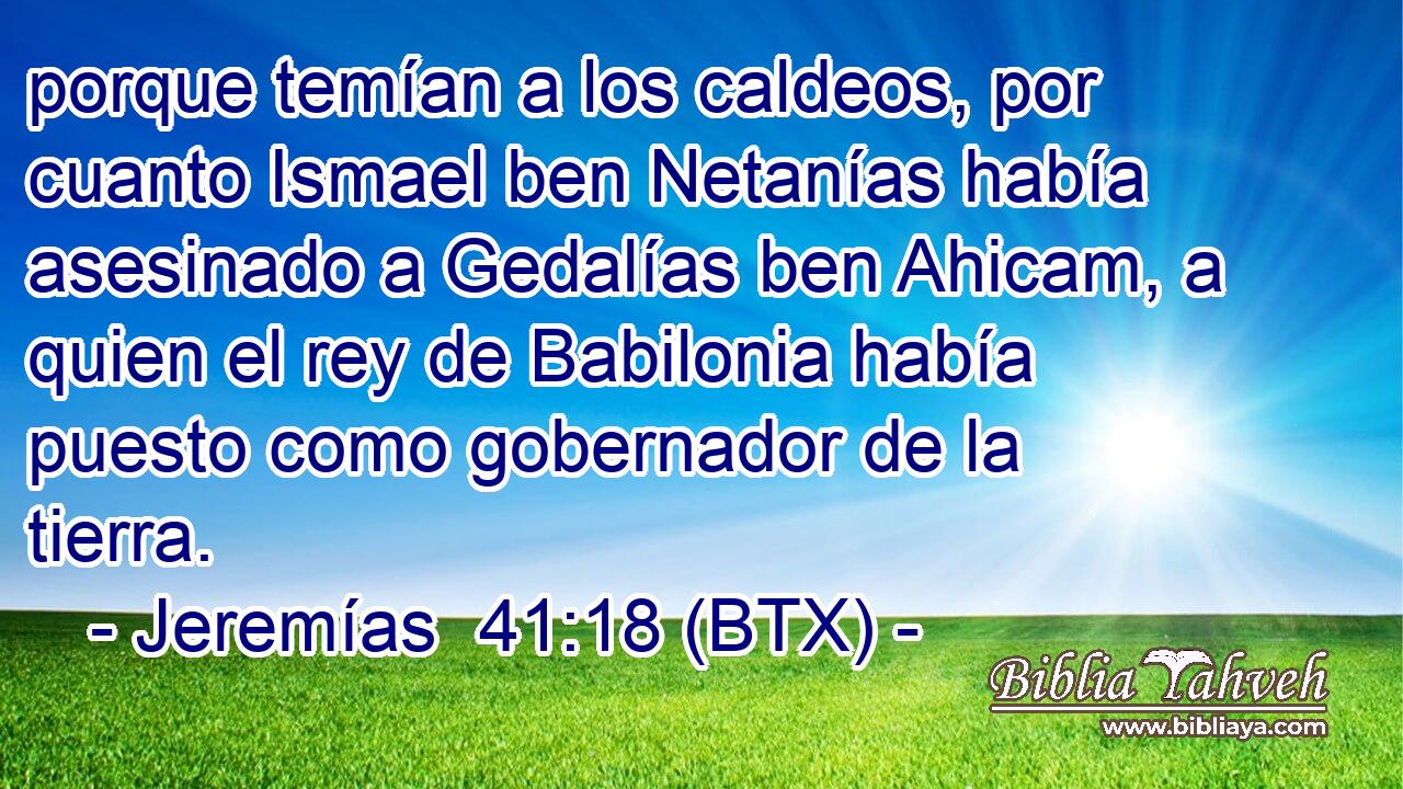 porque temían a los caldeos, por cuanto Ismael ben Netanías había asesinado a Gedalías ben Ahicam, a quien el rey de Babilonia había puesto como gobernador de la tierra.