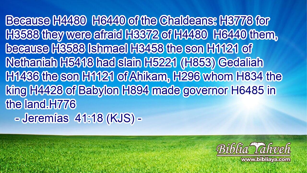 Because H4480  H6440 of the Chaldeans: H3778 for H3588 they were afraid H3372 of H4480  H6440 them, because H3588 Ishmael H3458 the son H1121 of Nethaniah H5418 had slain H5221 (H853) Gedaliah H1436 the son H1121 of Ahikam, H296 whom H834 the king H4428 of Babylon H894 made governor H6485 in the land.H776