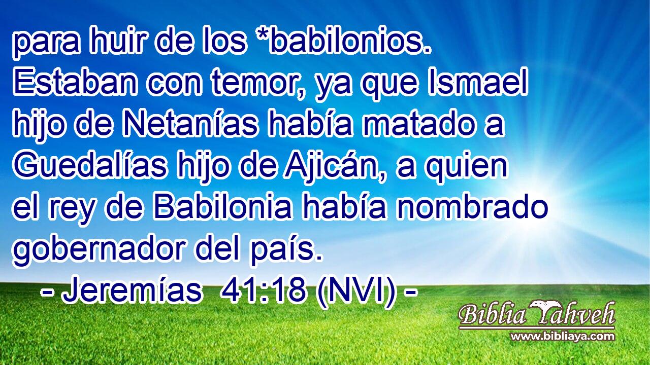  para huir de los *babilonios. Estaban con temor, ya que Ismael hijo de Netanías había matado a Guedalías hijo de Ajicán, a quien el rey de Babilonia había nombrado gobernador del país. 