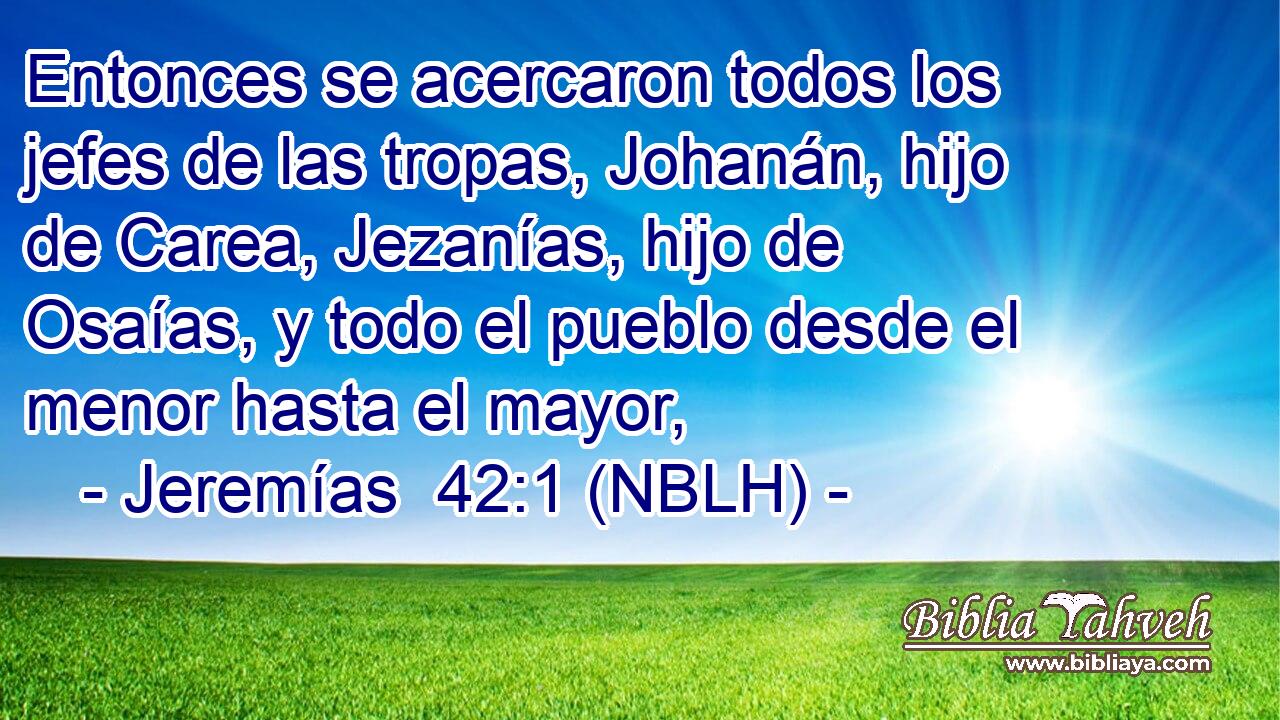  Entonces se acercaron todos los jefes de las tropas, Johanán, hijo de Carea, Jezanías, hijo de Osaías, y todo el pueblo desde el menor hasta el mayor, 