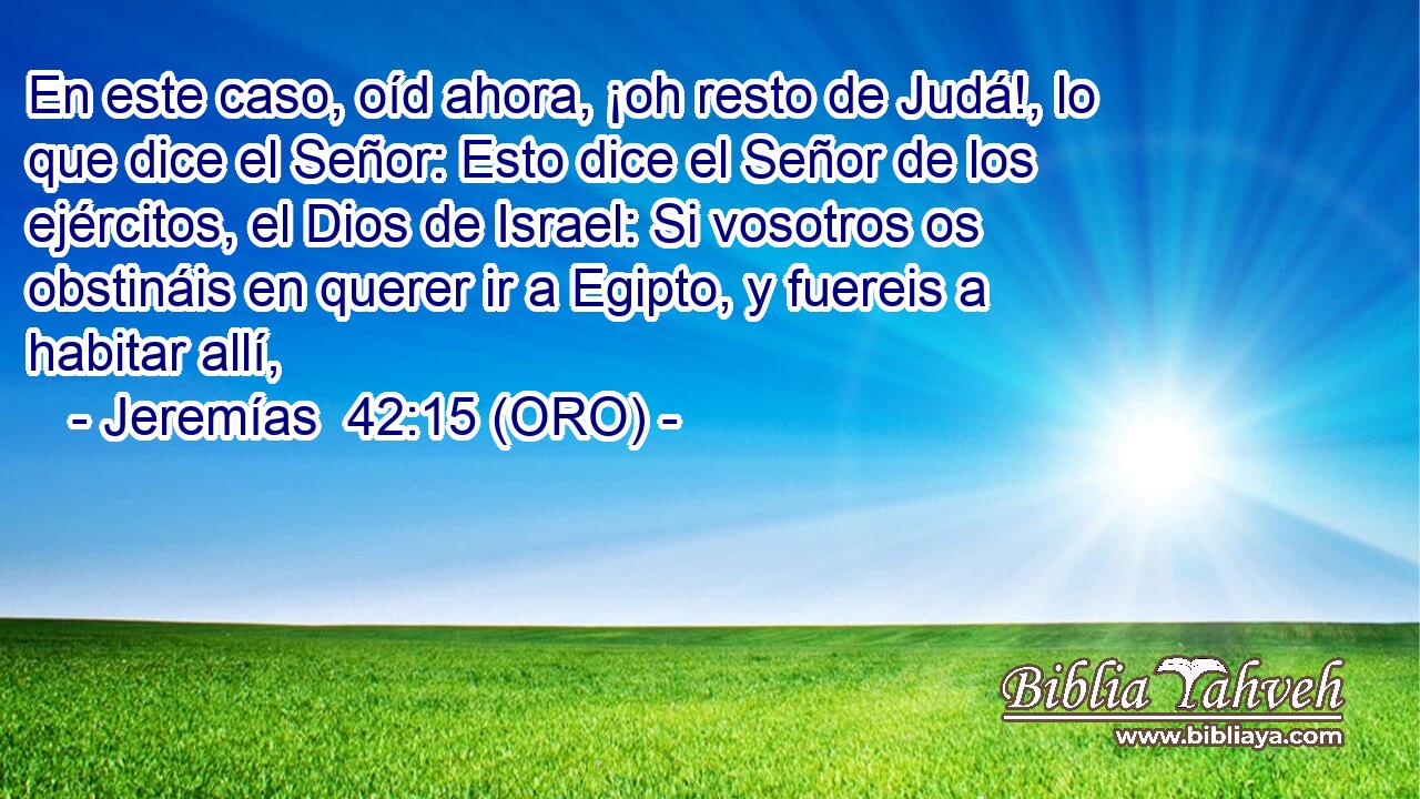  En este caso, oíd ahora, ¡oh resto de Judá!, lo que dice el Señor: Esto dice el Señor de los ejércitos, el Dios de Israel: Si vosotros os obstináis en querer ir a Egipto, y fuereis a habitar allí, 