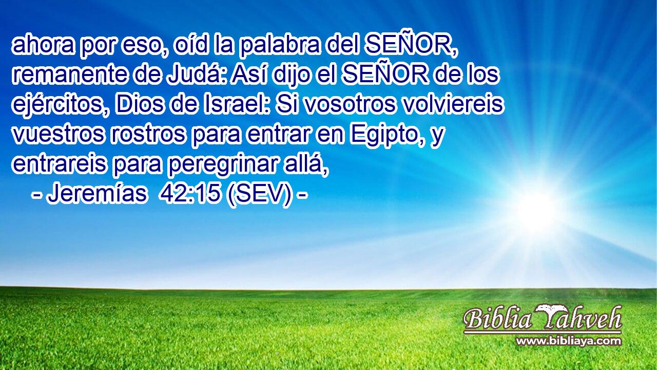 ahora por eso, oíd la palabra del SEÑOR, remanente de Judá: Así dijo el SEÑOR de los ejércitos, Dios de Israel: Si vosotros volviereis vuestros rostros para entrar en Egipto, y entrareis para peregrinar allá,
