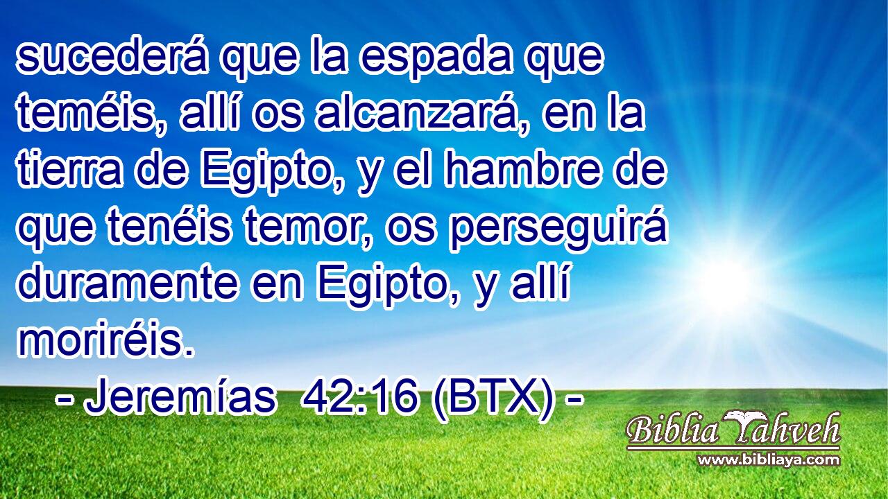 sucederá que la espada que teméis, allí os alcanzará, en la tierra de Egipto, y el hambre de que tenéis temor, os perseguirá duramente en Egipto, y allí moriréis.
