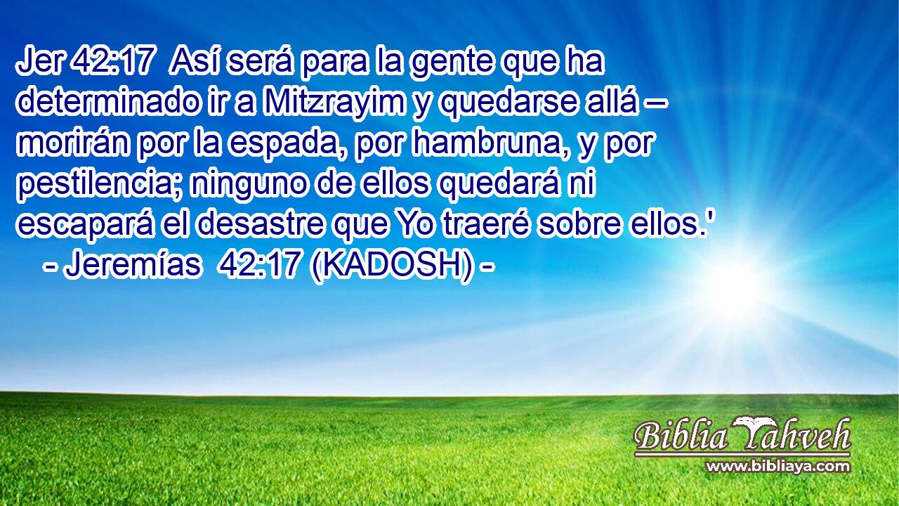  Así será para la gente que ha determinado ir a Mitzrayim y quedarse allá – morirán por la espada, por hambruna, y por pestilencia; ninguno de ellos quedará ni escapará el desastre que Yo traeré sobre ellos.' 
