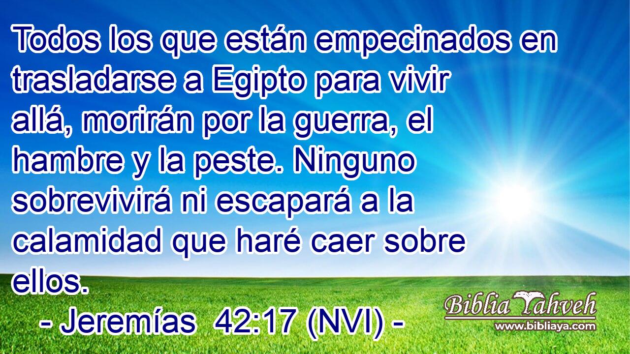  Todos los que están empecinados en trasladarse a Egipto para vivir allá, morirán por la guerra, el hambre y la peste. Ninguno sobrevivirá ni escapará a la calamidad que haré caer sobre ellos. 