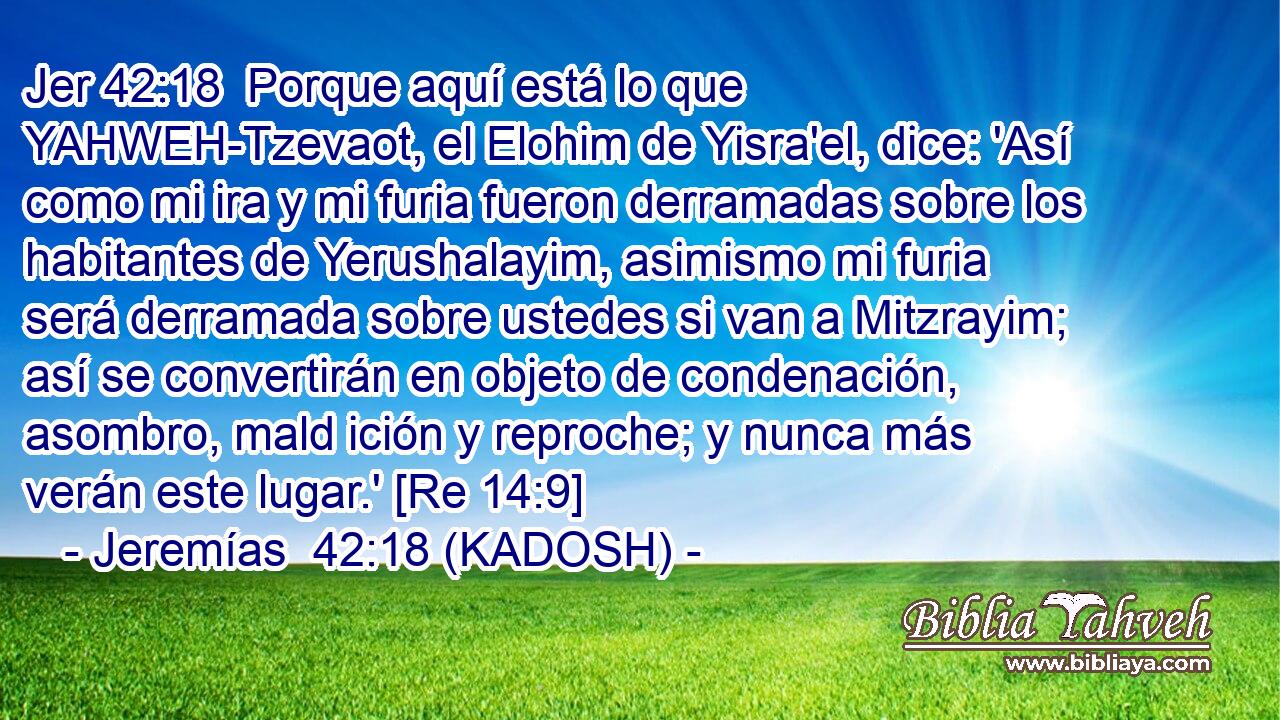  Porque aquí está lo que YAHWEH-Tzevaot, el Elohim de Yisra'el, dice: 'Así como mi ira y mi furia fueron derramadas sobre los habitantes de Yerushalayim, asimismo mi furia será derramada sobre ustedes si van a Mitzrayim; así se convertirán en objeto de condenación, asombro, mald ición y reproche; y nunca más verán este lugar.' [Re 14:9] 