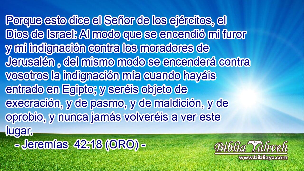  Porque esto dice el Señor de los ejércitos, el Dios de Israel: Al modo que se encendió mi furor y mi indignación contra los moradores de Jerusalén , del mismo modo se encenderá contra vosotros la indignación mía cuando hayáis entrado en Egipto; y seréis objeto de execración, y de pasmo, y de maldición, y de oprobio, y nunca jamás volveréis a ver este lugar. 