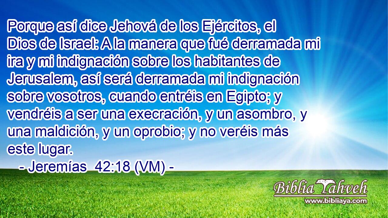  Porque así dice Jehová de los Ejércitos, el Dios de Israel: A la manera que fué derramada mi ira y mi indignación sobre los habitantes de Jerusalem, así será derramada mi indignación sobre vosotros, cuando entréis en Egipto; y vendréis a ser una execración, y un asombro, y una maldición, y un oprobio; y no veréis más este lugar. 