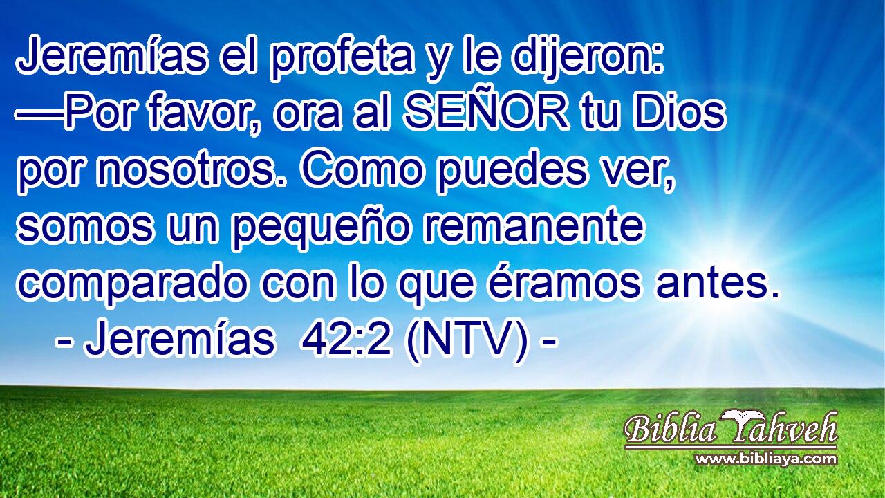 Jeremías el profeta y le dijeron: —Por favor, ora al SEÑOR tu Dios por nosotros. Como puedes ver, somos un pequeño remanente comparado con lo que éramos antes.