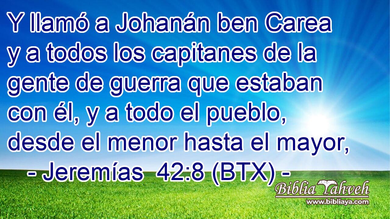 Y llamó a Johanán ben Carea y a todos los capitanes de la gente de guerra que estaban con él, y a todo el pueblo, desde el menor hasta el mayor,