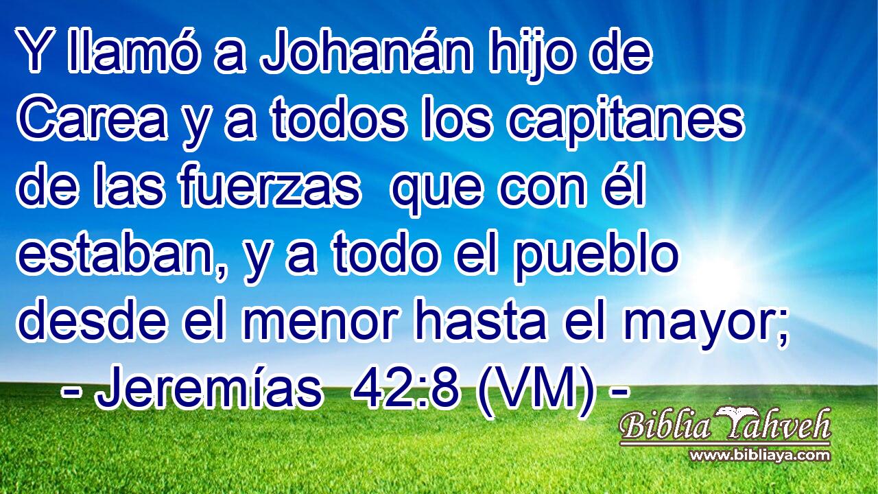  Y llamó a Johanán hijo de Carea y a todos los capitanes de las fuerzas  que con él estaban, y a todo el pueblo desde el menor hasta el mayor; 