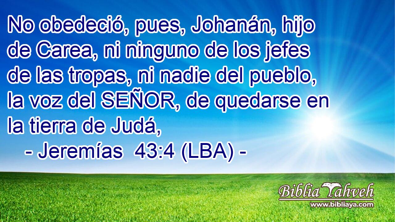 No obedeció, pues, Johanán, hijo de Carea, ni ninguno de los jefes de las tropas, ni nadie del pueblo, la voz del SEÑOR, de quedarse en la tierra de Judá,