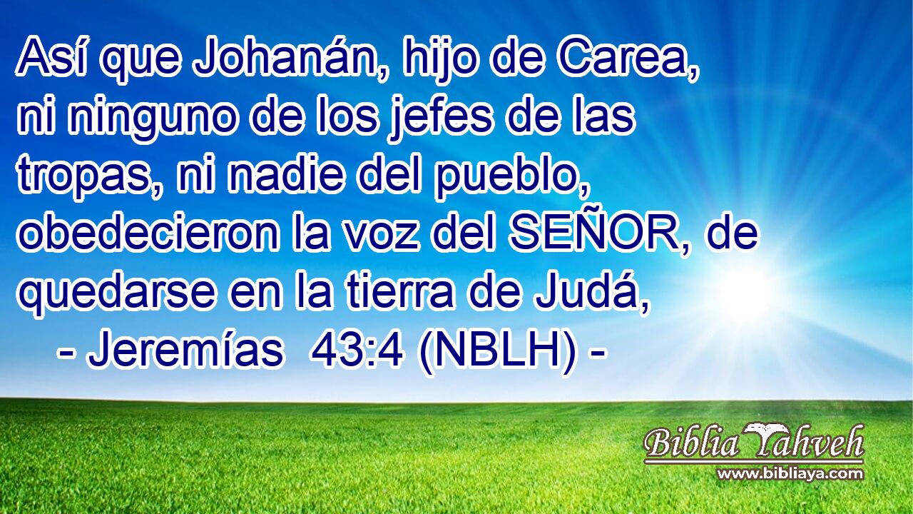  Así que Johanán, hijo de Carea, ni ninguno de los jefes de las tropas, ni nadie del pueblo, obedecieron la voz del SEÑOR, de quedarse en la tierra de Judá, 