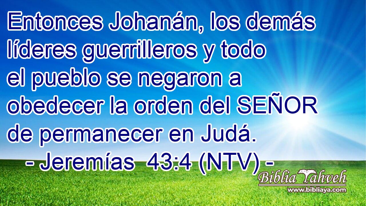 Entonces Johanán, los demás líderes guerrilleros y todo el pueblo se negaron a obedecer la orden del SEÑOR de permanecer en Judá.