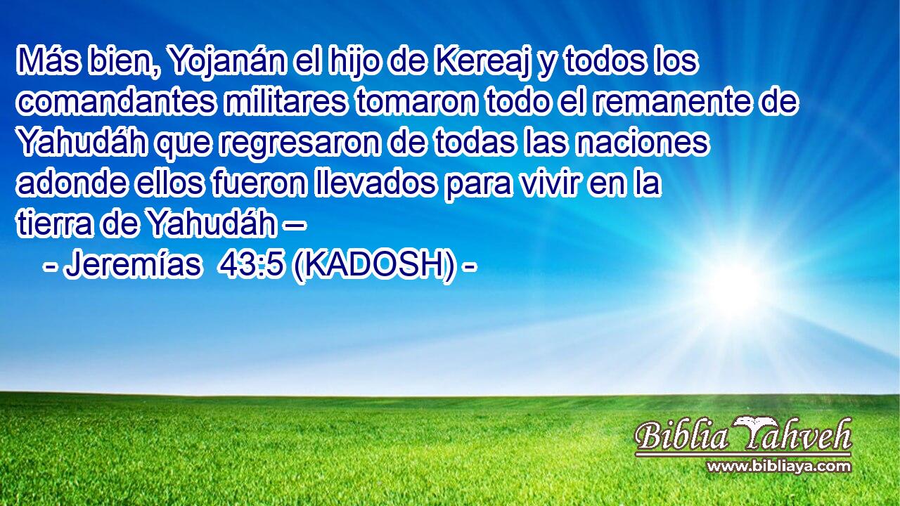  Más bien, Yojanán el hijo de Kereaj y todos los comandantes militares tomaron todo el remanente de Yahudáh que regresaron de todas las naciones adonde ellos fueron llevados para vivir en la tierra de Yahudáh – 