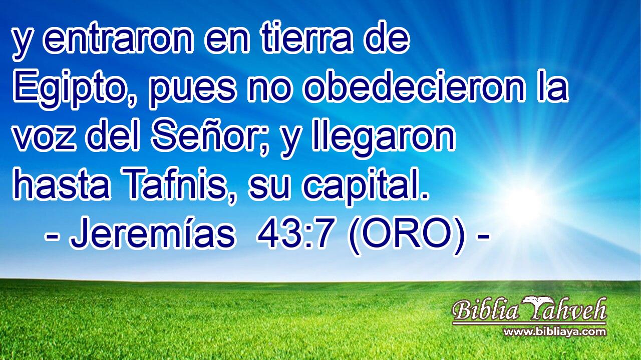  y entraron en tierra de Egipto, pues no obedecieron la voz del Señor; y llegaron hasta Tafnis, su capital. 
