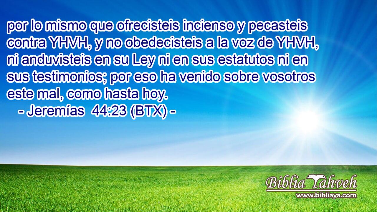 por lo mismo que ofrecisteis incienso y pecasteis contra YHVH, y no obedecisteis a la voz de YHVH, ni anduvisteis en su Ley ni en sus estatutos ni en sus testimonios; por eso ha venido sobre vosotros este mal, como hasta hoy.
