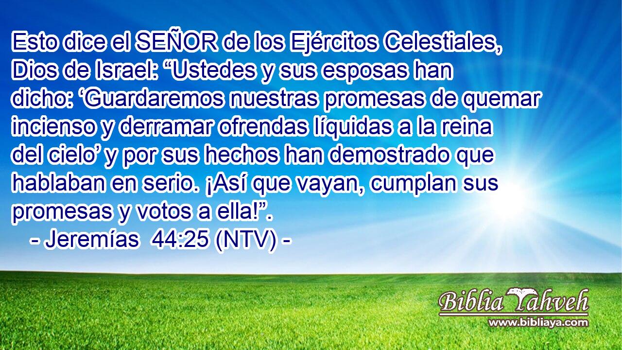 Esto dice el SEÑOR de los Ejércitos Celestiales, Dios de Israel: “Ustedes y sus esposas han dicho: ‘Guardaremos nuestras promesas de quemar incienso y derramar ofrendas líquidas a la reina del cielo’ y por sus hechos han demostrado que hablaban en serio. ¡Así que vayan, cumplan sus promesas y votos a ella!”.