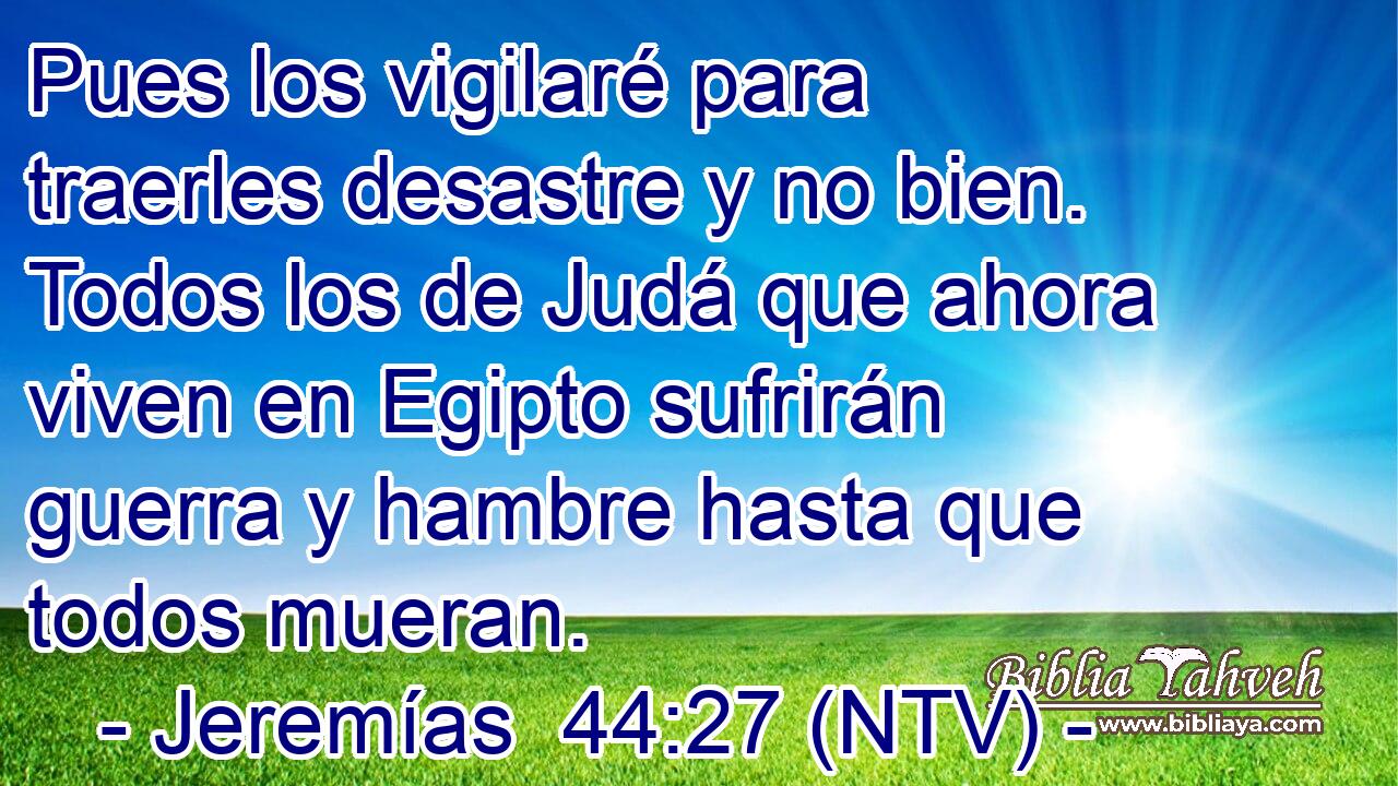 Pues los vigilaré para traerles desastre y no bien. Todos los de Judá que ahora viven en Egipto sufrirán guerra y hambre hasta que todos mueran.