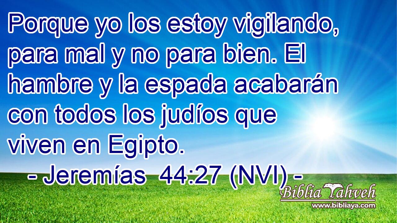  Porque yo los estoy vigilando, para mal y no para bien. El hambre y la espada acabarán con todos los judíos que viven en Egipto. 